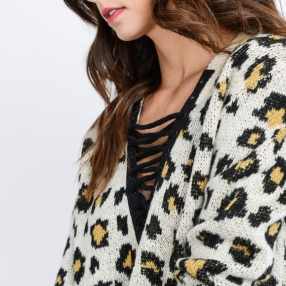 Love Ivory Leopard Animal Print Lace Up Sweater - Picture 2 of 3